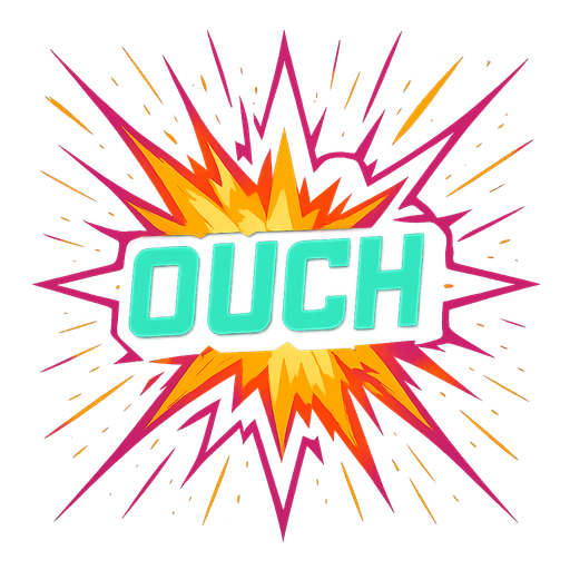 cyberpunk explosion with the word "ouch" in the middle. sparks.
In-Game asset.  2d.  High contrast.  No shadows