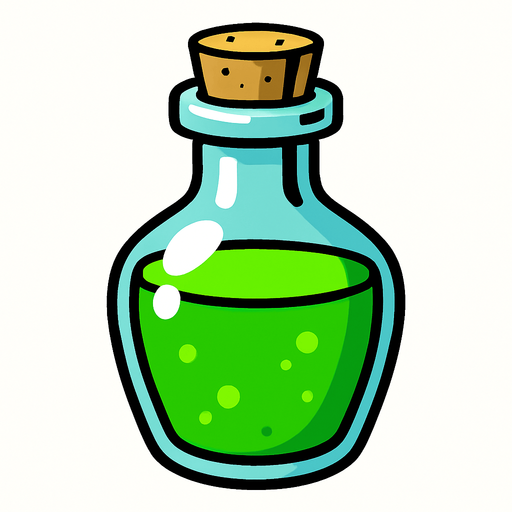 Yeşil bir şişe içinde yeşil sıvı var.
In-Game asset.  2d.  High contrast.  No shadows