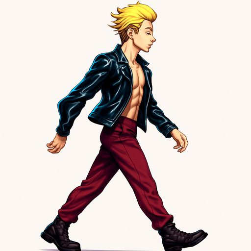 Walking, Front arm in front of body, front leg extended behind, back leg in front, limbs positions swapped, Swishy graceful man Cyberpunk manga, side profile view walking animation, shiny black leather biker jacket longsleeves shirtless Skinny abs blonde pompadour guy, wine red joggers combat boots, Background removed, "Full-body character, entirely in frame, no cropping of face, head, or feet" "Complete character visible, from head to toe, fully centered in the image" "Entire character, including face and boots, fully within the frame" Character fully contained within a square frame, no edges cut off fashion model idle pose