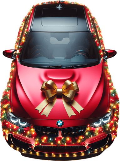 Photorealistic red BMW M3 Wrapped with Christmas lights that light up in various colors, little golden bow on hood, top view