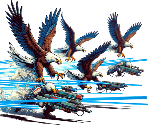 Eagles flying with laser guns..
Single Game Texture.  In-Game asset.  2d.  Blank background.  High contrast.  No shadows