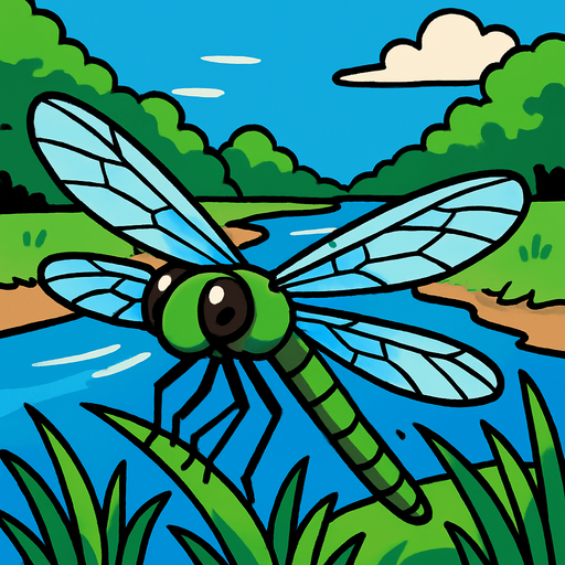 gambar gaya anime capung dengan background sungai.
In-Game asset.  2d.  High contrast.  No shadows