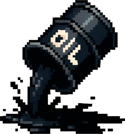 un barril derramando petroleo negro hecho con pixeles In-Game asset.  2d.  High contrast.  No shadows