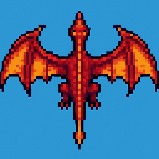 dragón volando pixel art.
In-Game asset.  2d.  High contrast.  No shadows vista desde arriba