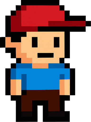 a pixel boy with a hat and a t-shirt.
In-Game asset.  2d.  High contrast.  No shadows