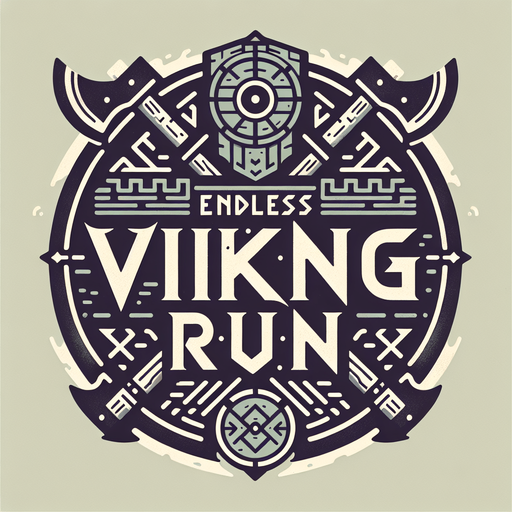 A game logo for a game called 'Endless Viking Run' using norse font on a background of a viking shield and crossed axes. Muted colors..
Single Game Texture. In-Game asset. 2d. Blank background. High contrast. No shadows.