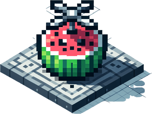 8-bit pixelated isometric cute watermelon with a rotor above.
Single Game Texture. In-Game asset. 2d. Blank background. High contrast. No shadows.