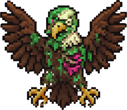 Uma águia zumbi, vista aérea, estilo pixel art.
In-Game asset.  2d.  High contrast.  No shadows