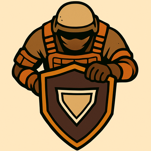 Üstten bakış agır kalkanlı kalkanı önüne tutmuş  modern asker.
In-Game asset.  2d.  High contrast.  No shadows