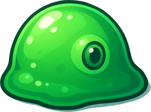 A single, isolated, highly detailed top-down isometric game asset of a Basic Slime. It is a slightly translucent, vibrant green, blue, or purple gelatinous blob, perfectly suited for a static sprite. Its surface should appear wet and glistening, with subtle internal bubbles or a single, simple, unblinking eye embedded within (static, not animated). The slime's most prominent side or an implied 'front' should be clearly oriented towards the right side of the image, indicating its forward movement. Style: Stylized, cartoony fantasy, slightly squishy texture, suitable for a Tower Defense game. Transparent background.
In-Game asset.  2d.  High contrast.  No shadows