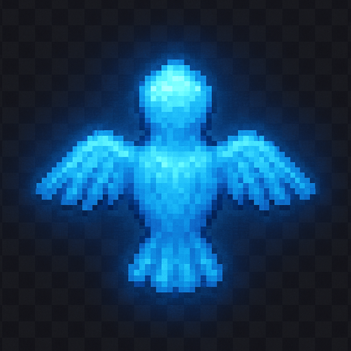 "Top-down 2D pixel art of a bird, viewed from a perfect 90-degree angle directly overhead (true bird’s-eye view), facing away from the viewer (back view). A glowing blue aura. The entire character appears as a semi-transparent blue hologram, glowing slightly with a futuristic shimmer. The lighting is soft and ambient, suitable for a fantasy RPG game. Style is classic 16-bit RPG pixel art, SNES-era quality. Transparent background.".
In-Game asset.  2d.  High contrast.  No shadows