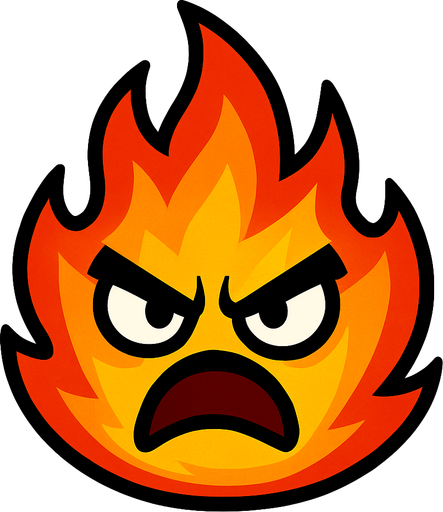 un fuego con ojos y boca, de expresion enojado.
In-Game asset.  2d.  High contrast.  No shadows