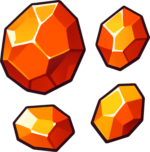 Chunky, crystalline fragments

```
- Shape: Angular, geometric crystal-like chunks
- Colors: Orange-red (#FF4400), yellow (#FFAA00), white
- Surface: Slightly reflective, faceted appearance
- Size variations: 3 different sizes (small, medium, large).
In-Game asset.  2d.  High contrast.  No shadows