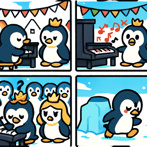 4-panel comic strip, no text, cute cartoon style, bright colors, black outlines.
Characters: Penguin Hero (small, determined) + Penguin Princess (elegant, crown) + Village Penguins
Central Theme: Music connects hearts, piano mastery wins love. Story: Hero's biggest challenge - public performance disaster

Panel 1: Hero attempts to play for Princess at village gathering
Panel 2: Makes terrible mistakes, wrong red notes everywhere, crowd looks shocked
Panel 3: Princess looks disappointed, Hero devastated and embarrassed
Panel 4: Hero runs away, hiding behind ice block, feeling defeated
In-Game asset.  2d.  High contrast.  No shadows