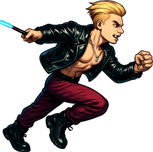 Arm positions & leg positions switched, reversed, Cyberpunk manga, side profile view running animation frames, shiny black leather biker jacket longsleeves shirtless thin abs pecs necklaces gemstone tipped wand, action shot wand pointed straight in front arm extended wand casting spell fierce fashion pose animation blonde undercut pompadour, vampire fangs, wine red joggers, combat boots, Background removed, "Full-body character, entirely in frame, no cropping of face, head, or feet" "Complete character visible, from head to toe, fully centered in the image" "Entire character, including face and boots, fully within the frame" Character fully contained within a square frame, no edges cut off,