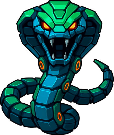 different big cyber snake Robot enemy from the front side facing camera. HD colors. separated
In-Game asset.  2d.  High contrast.  No shadows