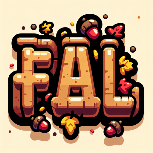 Create an SVG text design for "FALL" in bold cartoon style with chunky rounded letters. Add small falling leaves and acorn accents in warm autumn colors.​​​​​​​​​​​​​​​​.
Single Game Texture. In-Game asset. 2d. Blank background. High contrast. No shadows.