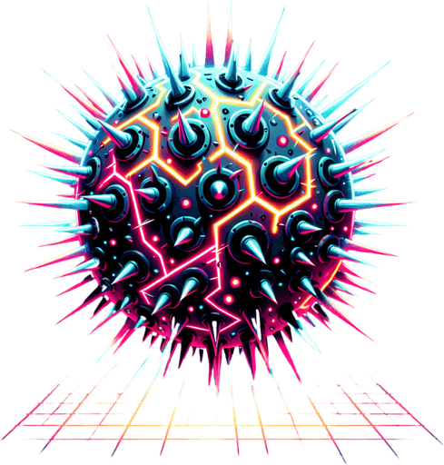 electrical neon colored cyberpunk sphere barrier with spikes.
Single Game Texture. In-Game asset. 2d. Blank background. High contrast. No shadows.