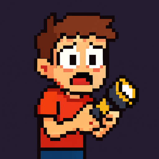 a scared pixel art kid with a flashlight.
In-Game asset.  High contrast.  No shadows
