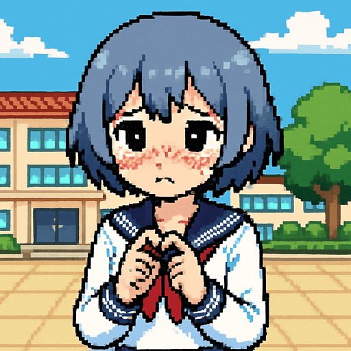 Stella is a sweet and very kawaii 15-year-old anime girl with short, soft blue-gray hair (HEX: #b0b9d8) and black eyes. She wears a traditional Japanese school uniform called a sailor fuku. Stella is extremely shy—she blushes easily, avoids eye contact, and often covers herself when she feels nervous. In this Pixel Art scene, she’s gently touching the tips of her index fingers together, a classic gesture of shyness seen in anime. Behind her is the courtyard of a Japanese middle school, completing the charming school setting..
In-Game asset.  2d.  High contrast.  No shadows