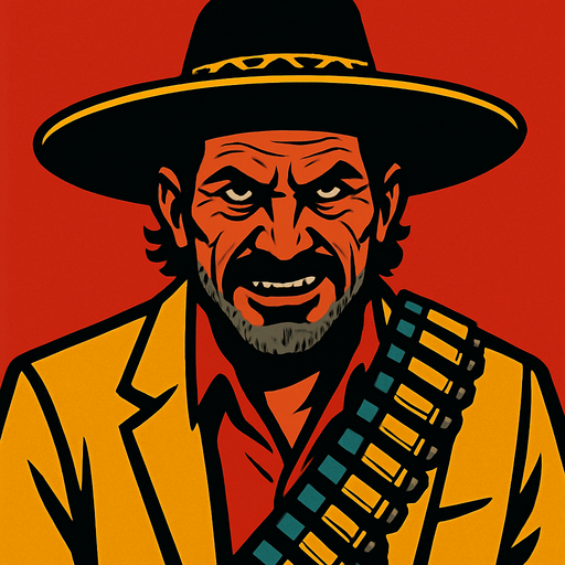 Draw me a criminal, mischievous cunning man who looks like a malevolent Mexican cartel.
In-Game asset.  2d.  High contrast.  No shadows