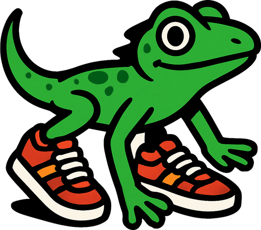 Crea una lagartija con tenis.
In-Game asset.  2d.  High contrast.  No shadows