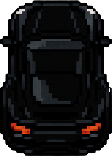 un auto negro deportivo hecho con pixeles con la perspectiva desde arriba y trasera.
In-Game asset.  2d.  High contrast.  No shadows