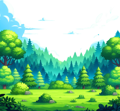 2d animation background forest with green and blue.
Single Game Texture.  In-Game asset.  2d.  Blank background.  High contrast.  No shadows