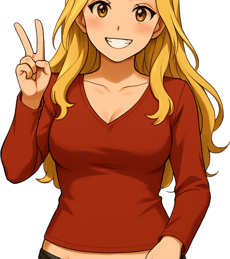 Show her from a little further away and make a victory sign with her hand and smiley face