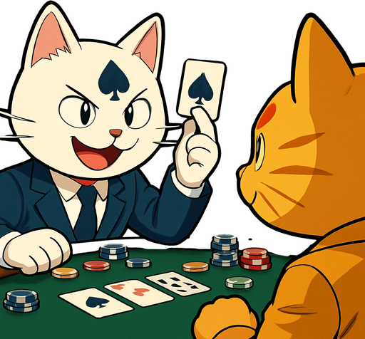 16:9 App Store banner with these two cats playing cards across the table from each other.  View is over the left shoulder of the orange cat towards the white cat, who is holding a card in the air with two fingers and looking triumphant. Poker chips are scattered across the table.