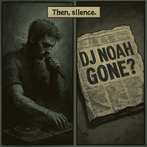 Realistic comic book style, 2048x2048. Split-frame design: left half shows Noah mid-performance dissolving into shadows; right half shows a crumpled newspaper with the headline "DJ NOAH GONE?". Desaturated colors, somber mood. Add a transparent narrator box at the top-center with the text: "Then, silence." in comic font..
In-Game asset.  2d.  High contrast.  No shadows
