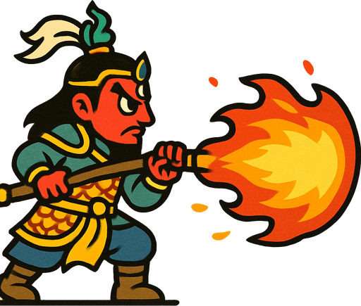 erlang shen. the sun wukong enemy. side scroller image. atack with fire 
In-Game asset.  2d.  High contrast.  No shadows