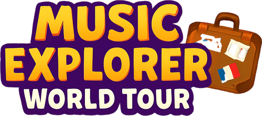 A vibrant, 2D digital illustration of a game title screen for a mobile game called "Music Explorer: World Tour". The background shows a colorful world map faded into the backdrop, with cartoon-style travel elements like a flying airplane, musical notes floating across the sky, sound waves, a suitcase with passport stickers, and flags of different countries . The top area is open and softly glowing for placing the title text. The bottom center has space for a large, fun "Start Journey" button. The style is clean, playful, and polished, perfect for kids and casual players..
In-Game asset.  2d.  High contrast.  No shadows