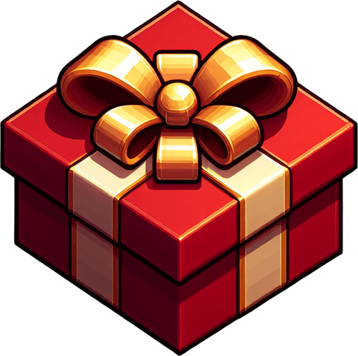 top down simple wrapped red present with gold bow. In-Game asset. 2d. Blank background. High contrast. No shadows. Single Game Texture. In-Game asset. 2d. Blank background. High contrast. No shadows. Single Game Texture. In-Game asset. 2d. Blank background. High contrast. No shadows.