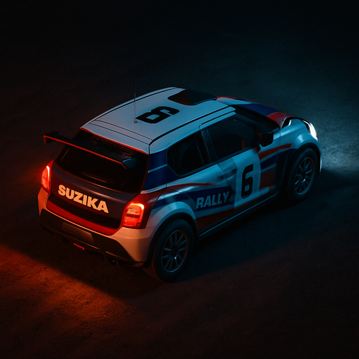 Photorealistic Suzuki Rallycar in nightlight, drone topview from back and 45 degrees angle in top right corner. Replace SUZUKI text to SUZIKA
