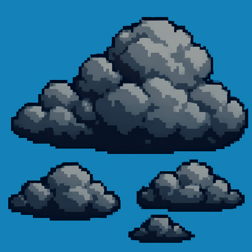 Grandes nubes grises , pixelart.
In-Game asset.  2d.  High contrast.  No shadows