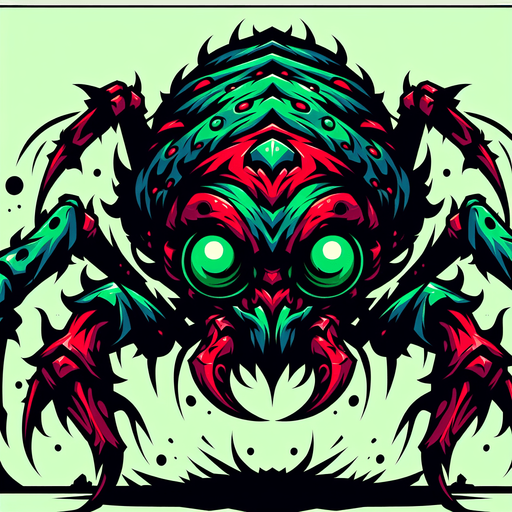 a cartoon bug. evil looking. dark green and red color..
Single Game Texture. In-Game asset. 2d. Blank background. High contrast. No shadows.