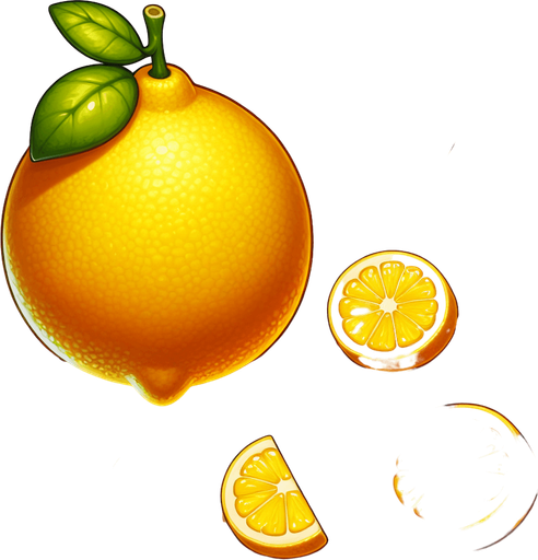 A lemon with a few slices cut off..
Single Game Texture. In-Game asset. 2d. Blank background. High contrast. No shadows.