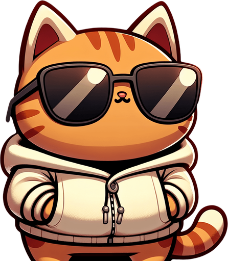 The character in the image, a cartoon-style orange tabby cat with striking stripes, momentarily shifts its relaxed posture. Its round face, partially obscured by oversized, round, dark opaque sunglasses, suddenly animates with a hint of movement. From its small, cute, and chubby body clad in a simple, light-colored hoodie, a soft 'meow' escapes, adding a layer of charm and liveliness to its demeanor. The cat's paws, previously resting comfortably in front, slightly adjust as if to communicate through this gentle sound. This playful and whimsical moment enriches the character's appeal, making it an even more endearing mascot or protagonist for a children's book, bridging the gap between the visual and the expressive..
Single Game Texture. In-Game asset. 2d. Blank background. High contrast. No shadows.