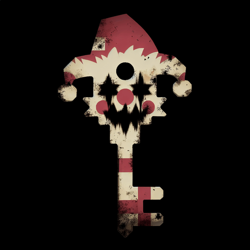 a simple dirty, dark and eerie Christmas clown key.
Single Game Texture. In-Game asset. 2d. Blank background. High contrast. No shadows.