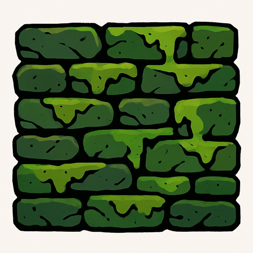 a wall built with flat, mossy stones.
In-Game asset.  2d.  High contrast.  No shadows