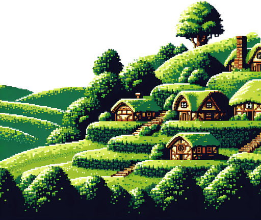 A 16 bit pixel art horizon line of a pastural hobbit village. A beautiful verdant village in the distance with rolling hills and blue skies.
Single Game Texture. In-Game asset. 2d. Blank background. High contrast. No shadows.
