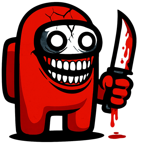The red color in the game Among us creates the character in an extremely scary way, the glass of the astronaut suit is broken, his eyes are white, his mouth is so long that it touches his ears when he smiles, and he has a bloody knife in his hand..
In-Game asset.  2d.  High contrast.  No shadows