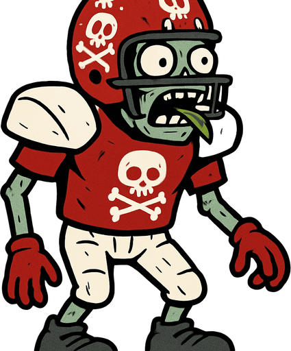 Uniforme Completo: Viste un uniforme de fútbol americano bastante completo, lo que le da una apariencia robusta y protegida.

Casco de Fútbol: Lleva un casco de fútbol americano de color rojo brillante, adornado con dibujos de calaveras blancas y huesos cruzados, que son un distintivo de los zombis. Este casco no es solo estético, sino que le proporciona una defensa significativa en su cabeza.

Hombreras y Camiseta: Tiene unas grandes hombreras blancas y una camiseta roja con el mismo patrón de calaveras y huesos en el pecho.

Pantalones y Guantes: Sus pantalones son de color claro (crema o blanco roto) y lleva guantes rojos.

Botas de Fútbol: Calza grandes botas de fútbol americano de color gris oscuro o negro.

Boca Abierta y Cerebro: Típicamente, como muchos zombis, tiene la boca abierta, mostrando su deseo de cerebros. En tu imagen, parece tener algo verde (quizás una hoja o parte de una planta) sobresaliendo de su boca, lo que podría indicar que ya ha estado masticando algo..
In-Game asset.  2d.  High contrast.  No shadows