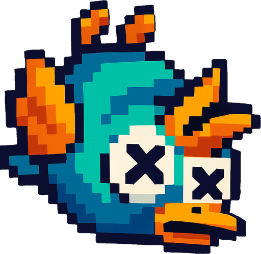 A pixel art version of the same bird character shown in a defeated state, designed for a 2D side-scrolling game. The bird appears to be falling downward or lying upside down, with closed or X-shaped eyes and limp wings. Its beak might be slightly open, and its posture should suggest that it is unconscious or dead. The overall style should remain cute and cartoonish, fitting the retro pixel art theme, but clearly indicate that the bird is no longer alive.