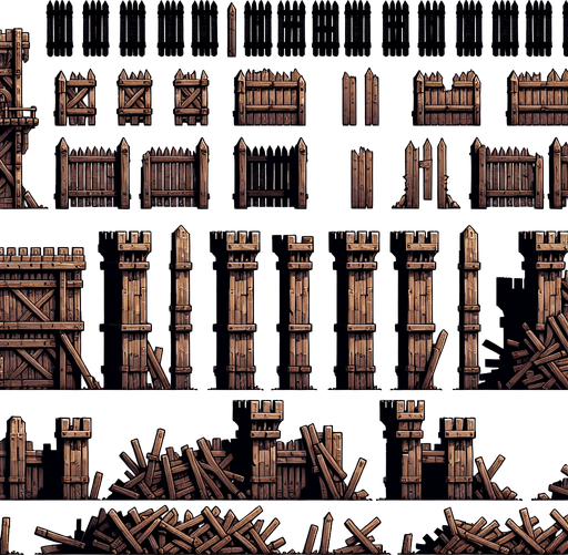 A spritesheet of tall wooden barricades and pallisades from medieval times, including some frames where these have been destroyed and broken into smaller parts..
Single Game Texture. In-Game asset. 2d. Blank background. High contrast. No shadows.
