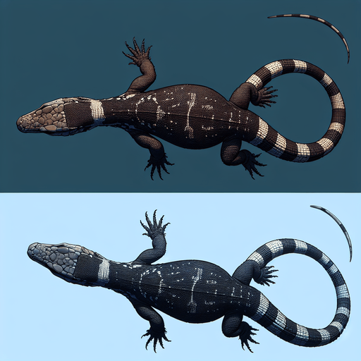 Goanna swimming top down view.
Single Game Texture.  In-Game asset.  2d.  Blank background.  High contrast.  No shadows
