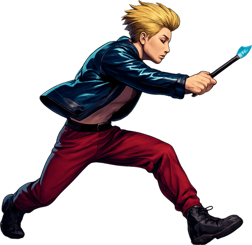 Swishy graceful man Cyberpunk manga, wand pointed straight ahead, arm extended, Slide across ground attack, side profile view attack animation, shiny black leather biker jacket longsleeves shirtless Skinny abs blonde pompadour guy, action shot wine red joggers combat boots, Background removed, "Full-body character, entirely in frame, no cropping of face, head, or feet" "Complete character visible, from head to toe, fully centered in the image" "Entire character, including face and boots, fully within the frame" Character fully contained within a square frame, no edges cut off fashion model running pose