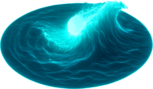 Overhead digital simulation hologram of oceanic meteor impact tsunami wave shockwave radius circle outward crashing neon cyberpunk 3d diagram translucent wave crash hologram neon effect crash