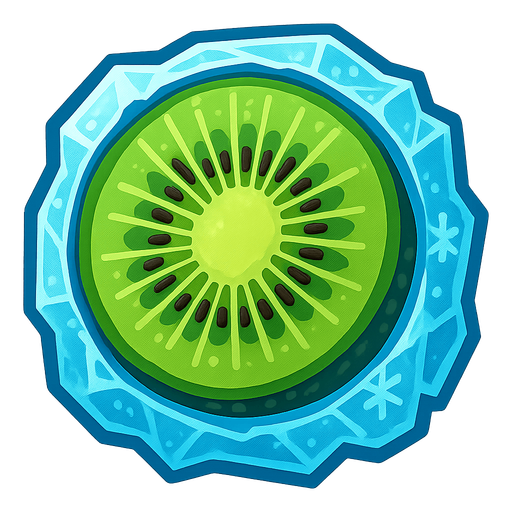 Frozen kiwi.
Single Game Texture.  In-Game asset.  2d.  Blank background.  High contrast.  No shadows